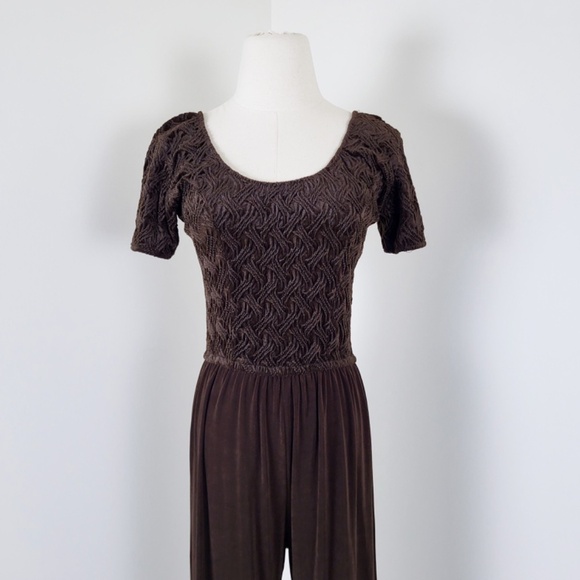 Vintage jumpsuit brown wide leg loose t-shirt bodycon fit flare scoop neckline - Picture 5 of 14